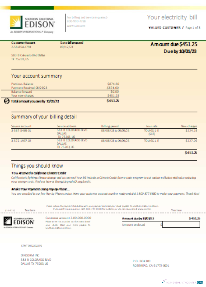 Download Southern California EDISON utility business bill, page 1 SCR Photoshop template
